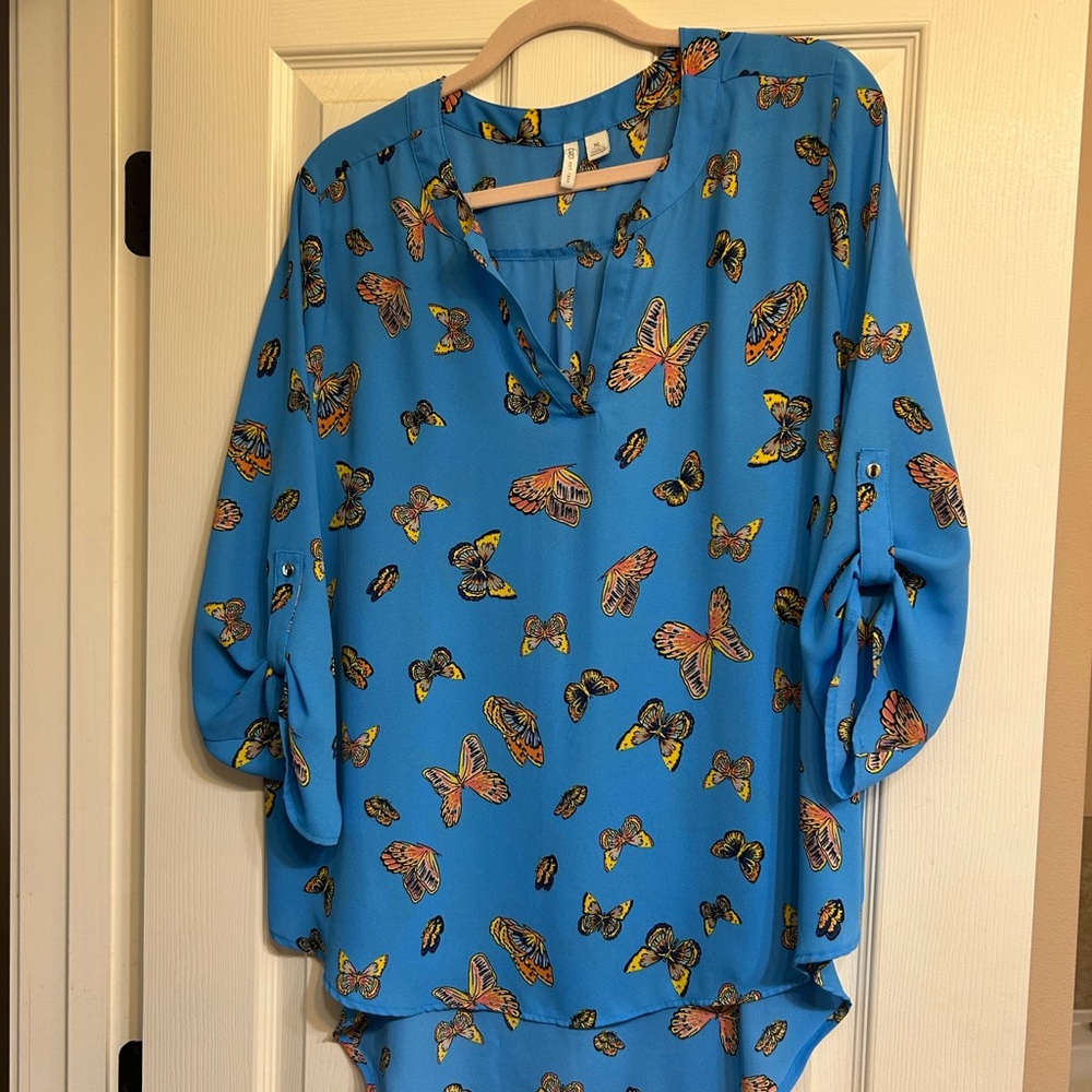 Cato Blue Brown Boxy Blouse with Mandarin Collar